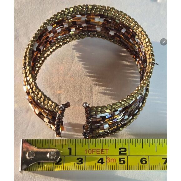 Pretty Wide Brown & Gold Beads Memory Wire Cuff Bracelet - Picture 3 of 3